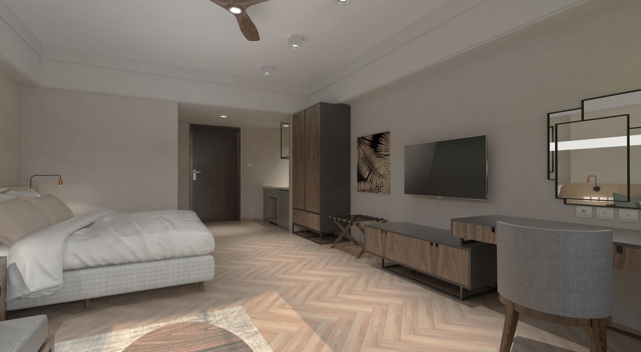 A modern bedroom with a bed, a desk, a TV, and a wardrobe.