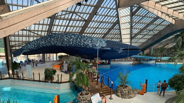 An indoor swimming pool with a large whale sculpture, a wooden deck, and a glass ceiling structure.