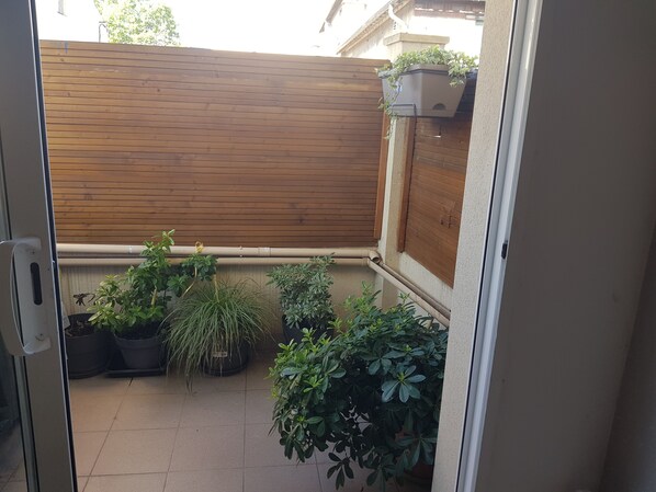 Un espacio exterior pequeño y cerrado, con valla de madera, plantas en macetas y suelo de baldosas.