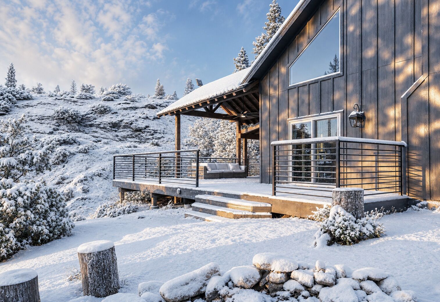 Een moderne houten hut met een overdekt terras, omringd door met sneeuw bedekte bomen en een heldere lucht.