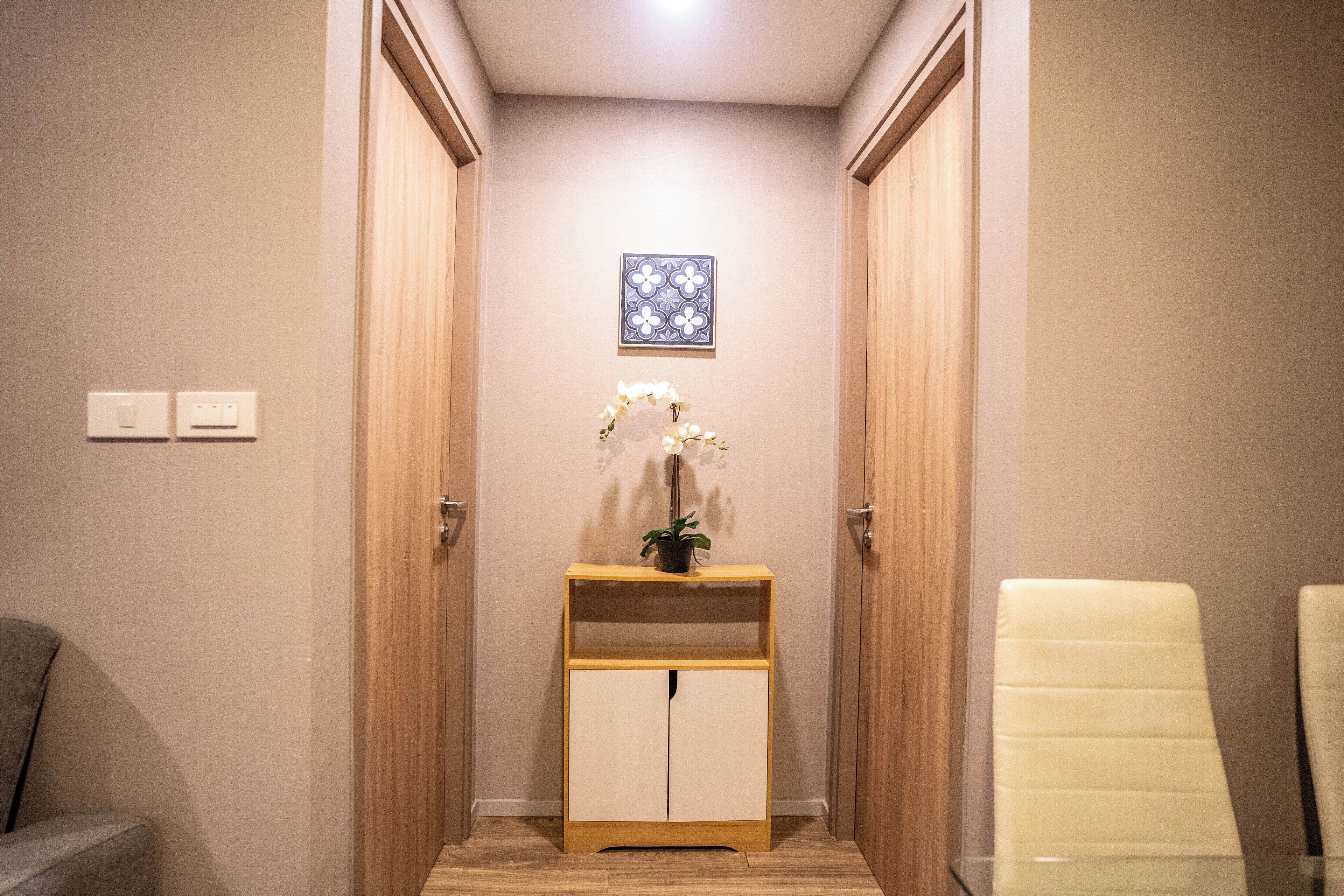 A narrow hallway with wooden doors, a small wooden console table with a potted plant, and a chair.