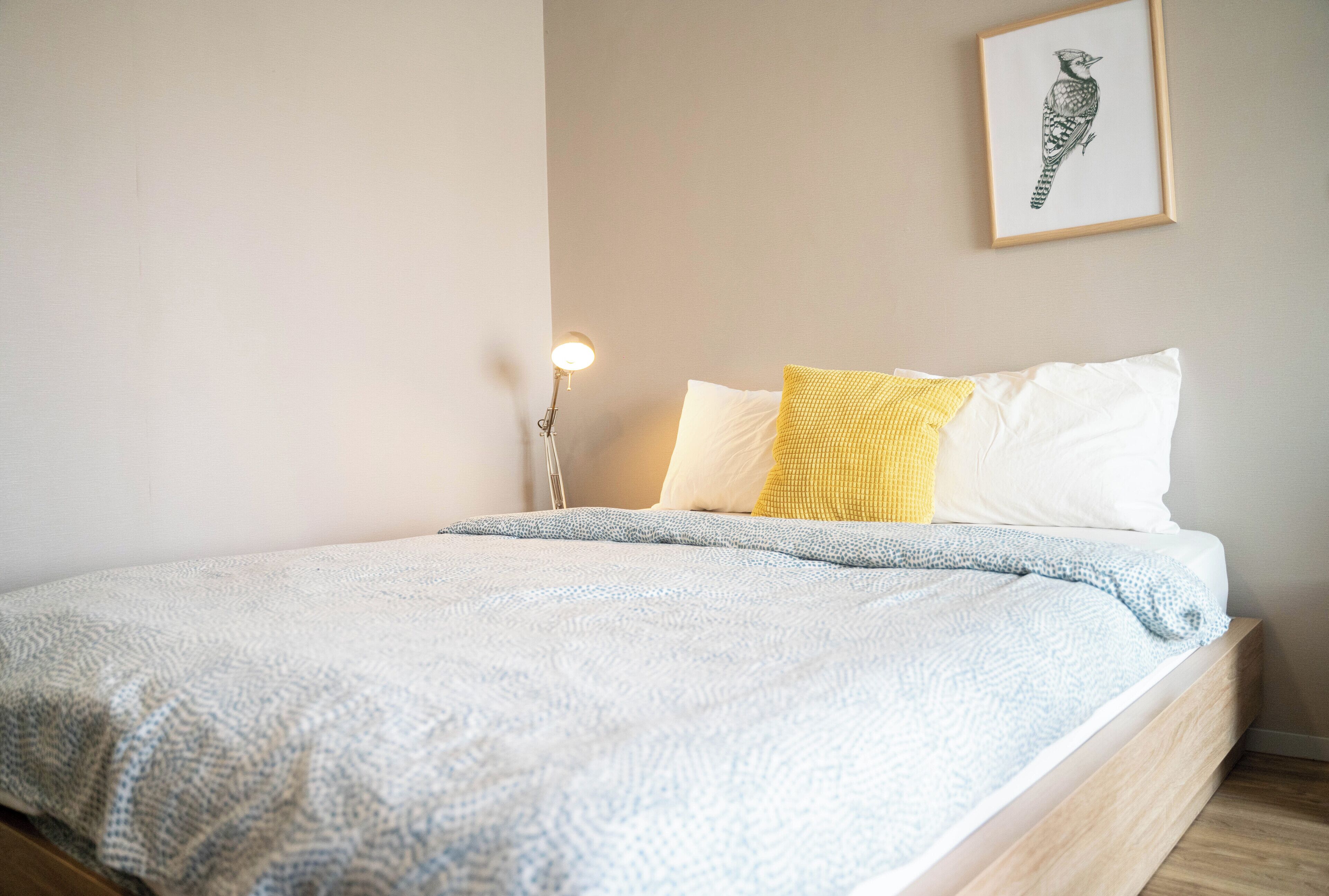 A neatly made bed with a patterned blanket, a bedside lamp, and a framed bird artwork on the wall.
