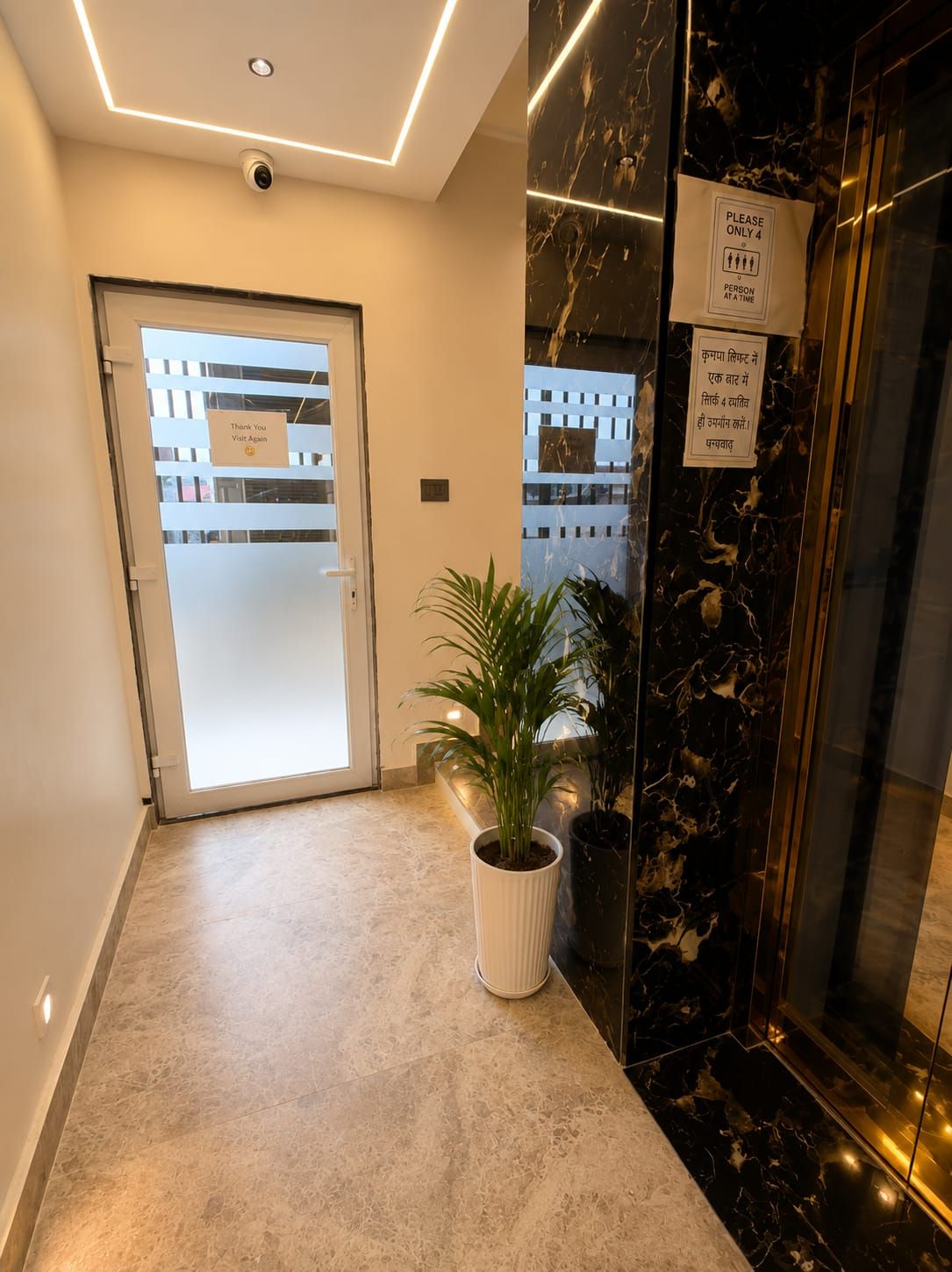 A hotel lobby with a marble floor, a potted plant, and a glass door leading to the reception area.