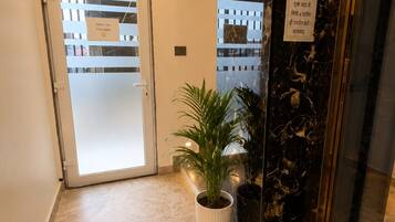 A hotel lobby with a marble floor, a potted plant, and a glass door leading to the reception area.