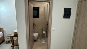 A modern bathroom with a shower, toilet, and sink. - Georgias House Project North (Skiathos)