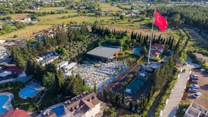 En vy över ett bostadsområde från ovan, med hus, en swimmingpool och en flagga.