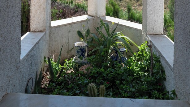 A view from a covered balcony with white columns, overlooking a landscape with cypress trees and distant mountains. - Piscina, gym,2 barbacoas, vistas a Sierra Nevada desde terraza en ático de 60m2  (Peligros)
