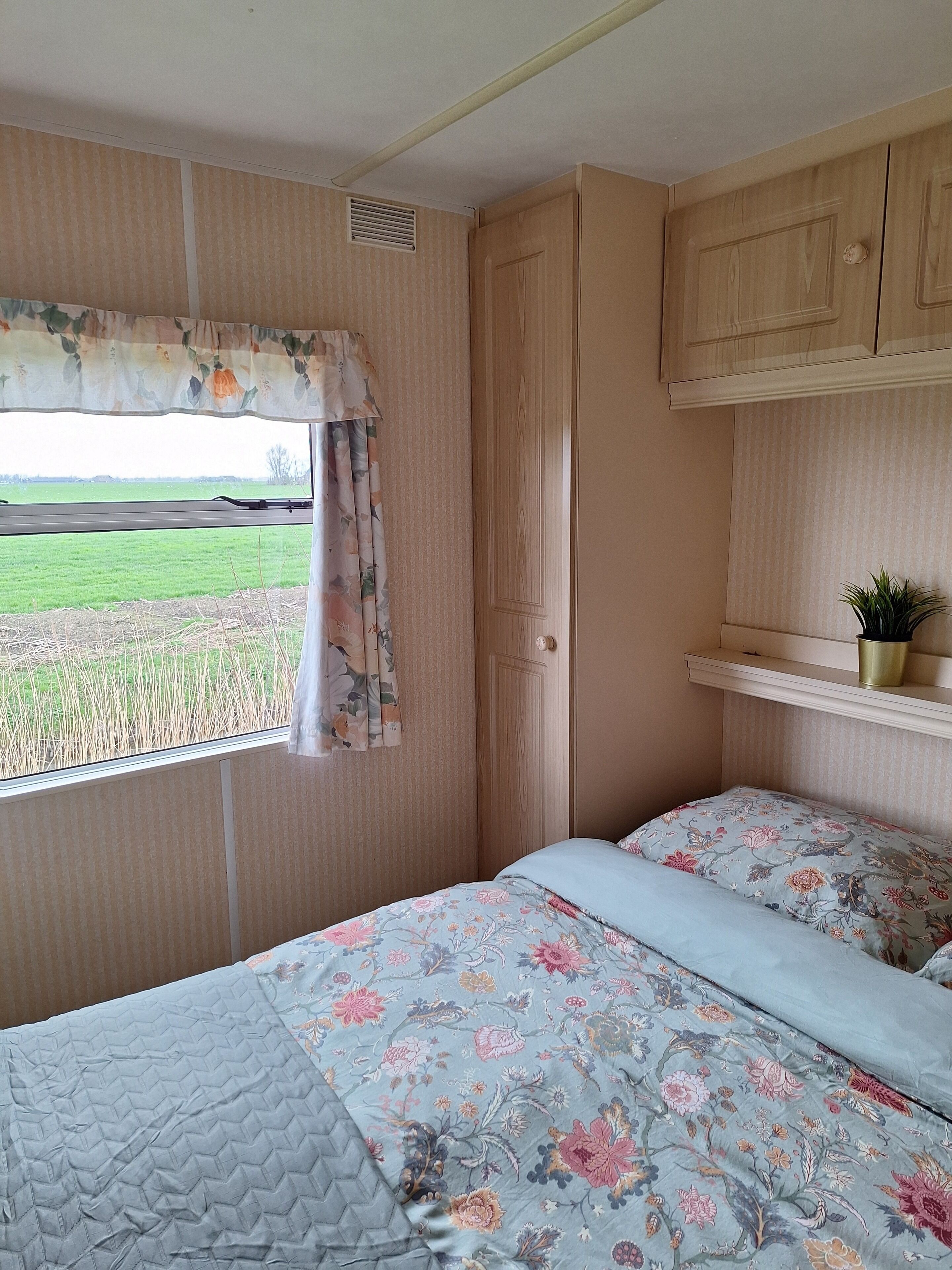 A bedroom with a bed, a window with curtains, a door, and a small shelf with a plant.