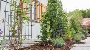 Ein Holzhaus mit Balkon, ein Garten mit verschiedenen Pflanzen und einem Betonweg.