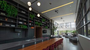 A modern kitchen with a long wooden counter, red chairs, and shelves with plants and kitchenware.