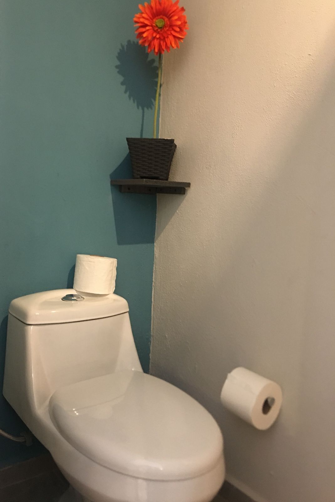 Un baño con inodoro, rollo de papel higiénico y una flor en un estante.