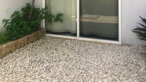 Un pequeño espacio al aire libre con una palmera, un ventanal corredero y un camino de grava.