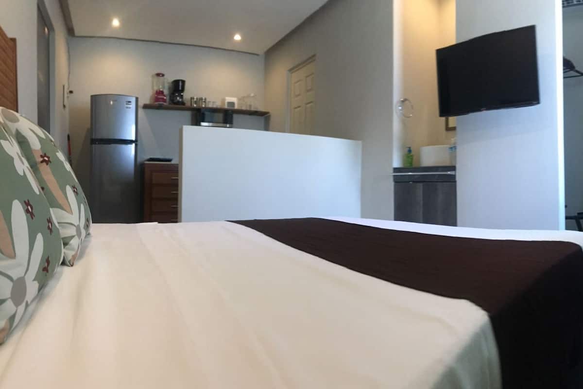 Une chambre d’hôtel équipée d’un lit, d’une kitchenette, d’un téléviseur à écran plat et d’une petite table.