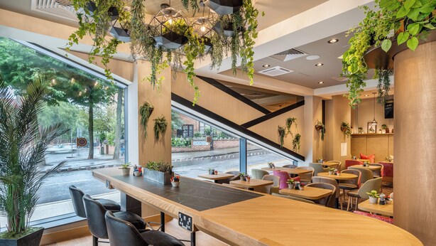 A modern restaurant with a long wooden bar, black leather chairs, and hanging plants. - Point A Dublin The Liberties (Dublin)