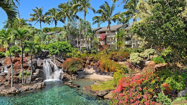 Un resort con cascada, exuberante vegetación y zona de piscina.