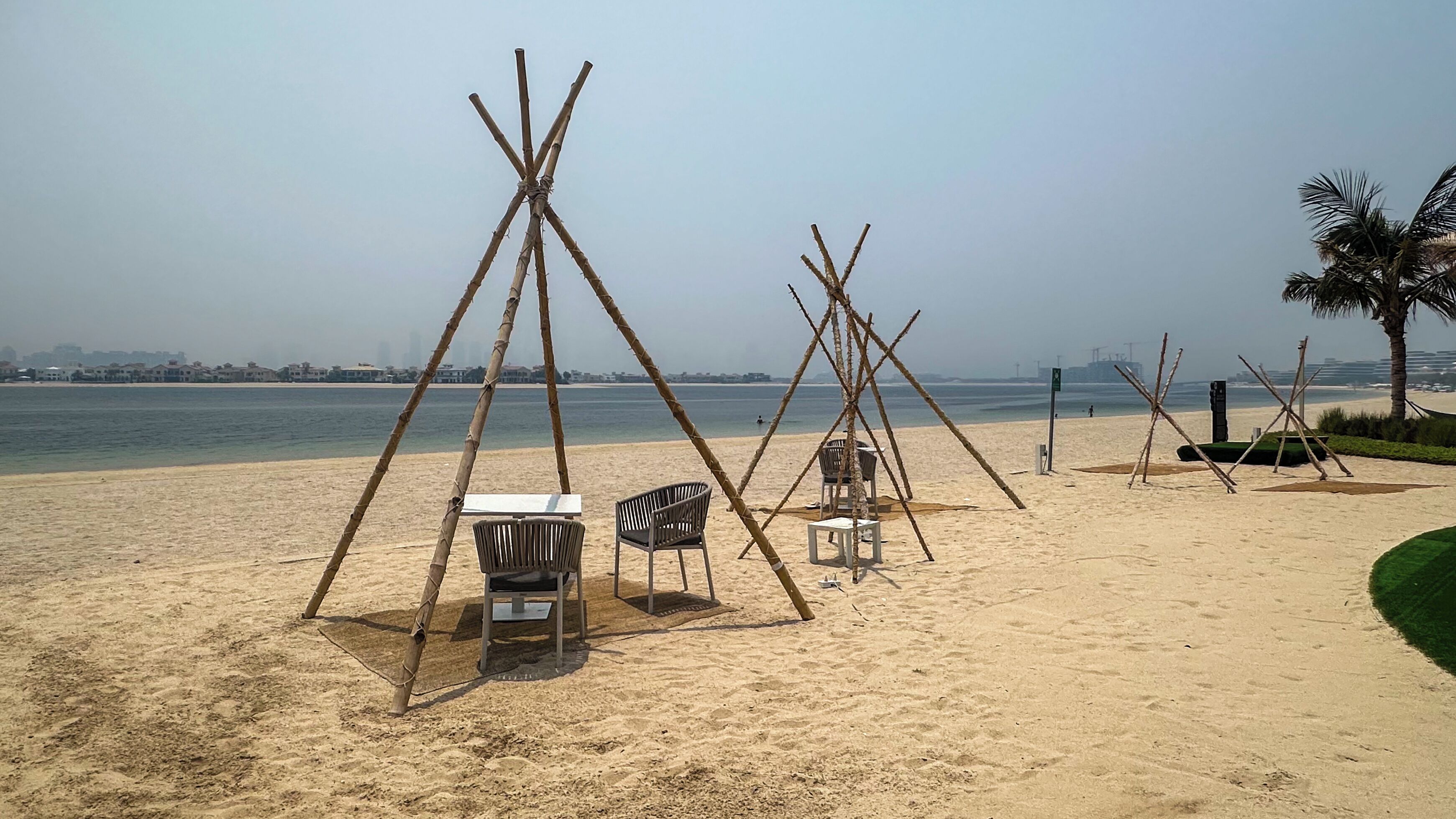 A beach with tents and chairs, a palm tree, and a view of the sea and distant buildings.