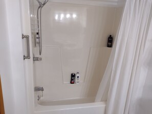 Hair dryer, towels, soap, shampoo