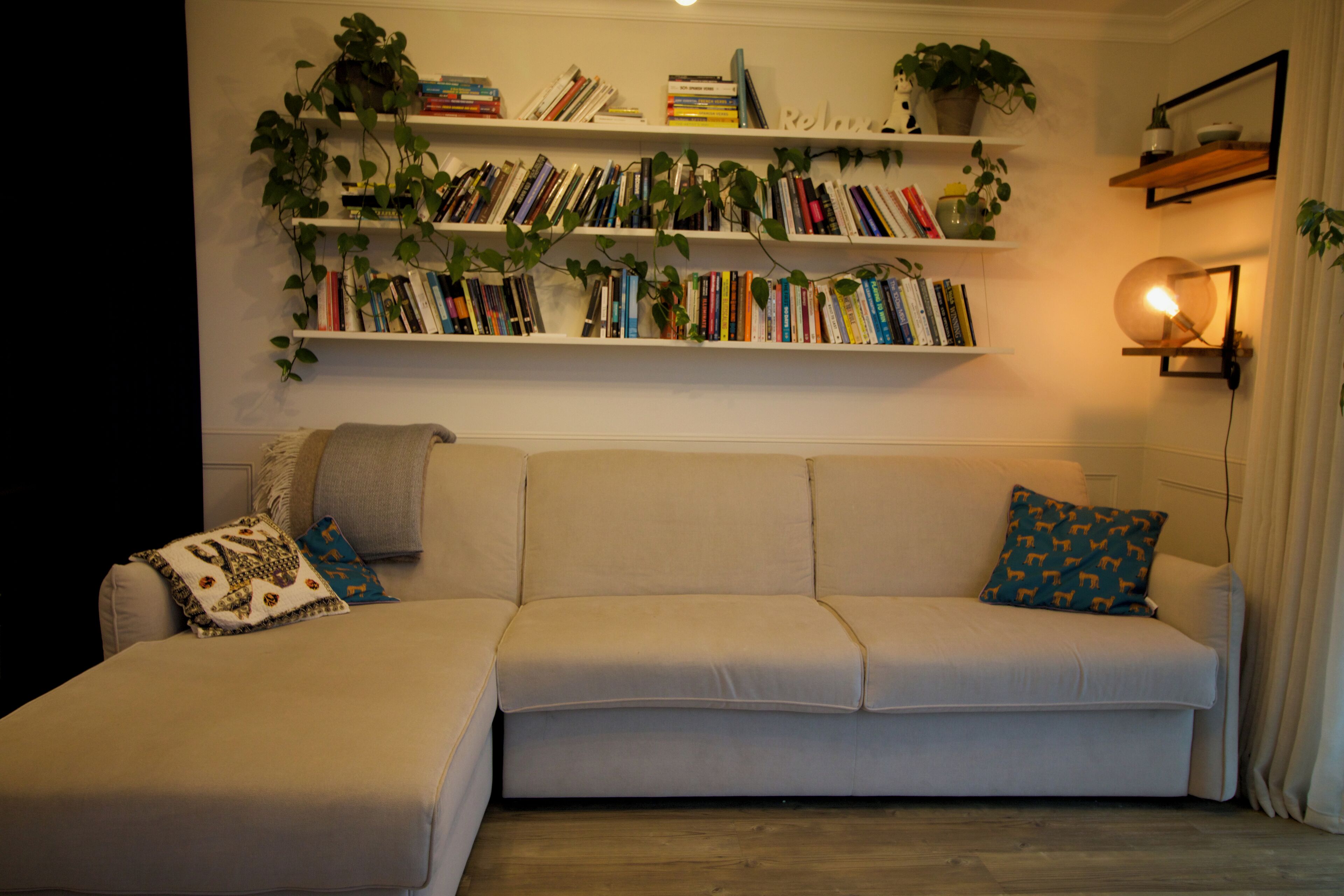 A living room with a sofa, a coffee table, and a bookshelf filled with books and plants.