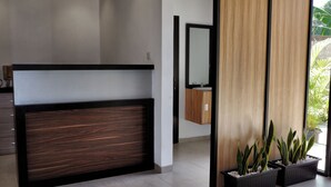 Un baño moderno con tocador de madera, un espejo y plantas en macetas.