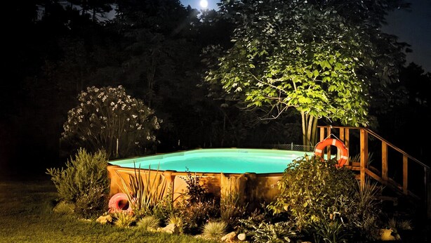 Une piscine dotée d’une terrasse en bois et d’une bouée de sauvetage, entourée de verdure et d’un arbre.
