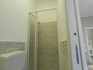 A bathroom with a shower, a toilet, and a mirror.