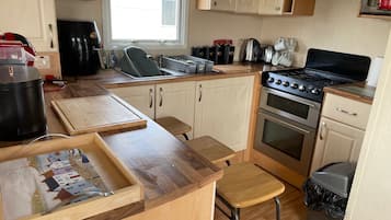 Cabin | Private kitchen | Fridge, microwave, oven, stovetop