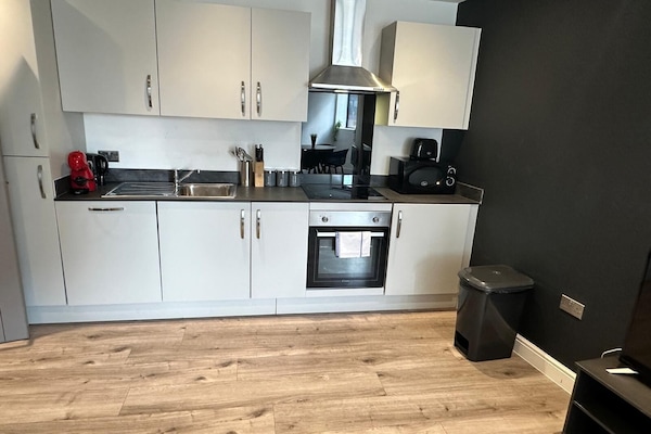 Full-sized fridge, microwave, oven, stovetop