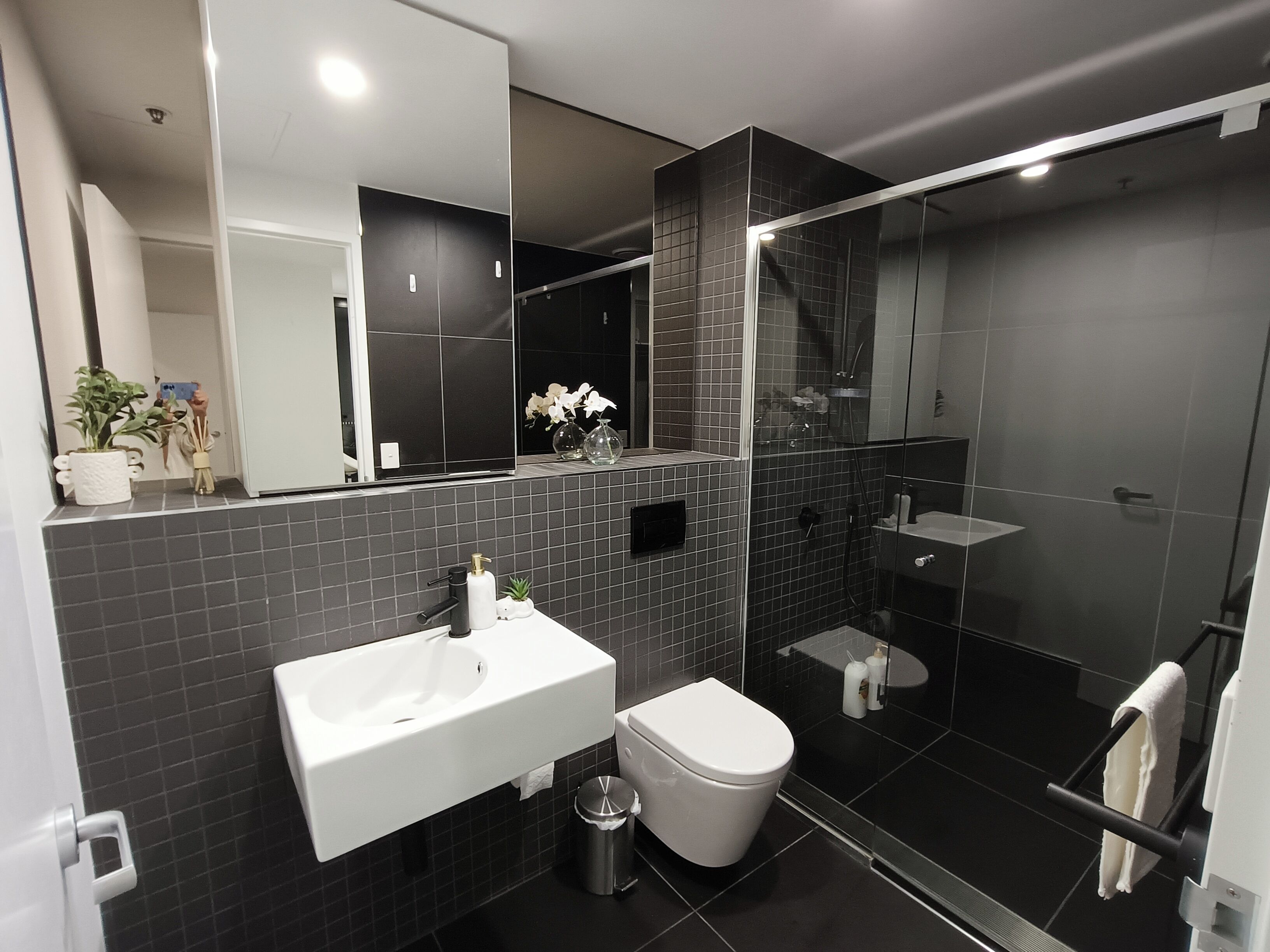 Hair dryer, towels, soap, shampoo