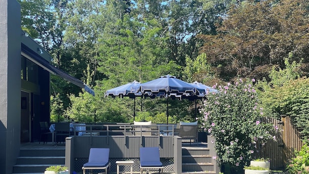 Piscina con sillas de descanso y sombrillas, rodeada por una terraza de madera y abundante vegetación.