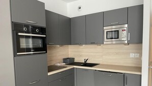 A compact kitchen with grey cabinets, a black oven, a microwave, and a sink. - 150m from ski slopes, 1st floor, view ski slopes, swimming pool, balcony, tv, ski locker, 38m² (Eaux-Bonnes)