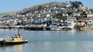 A harbor with boats and a yellow tugboat. Houses line the hillside in the background. - The Masts 37 Dart Marina (Dartmouth)