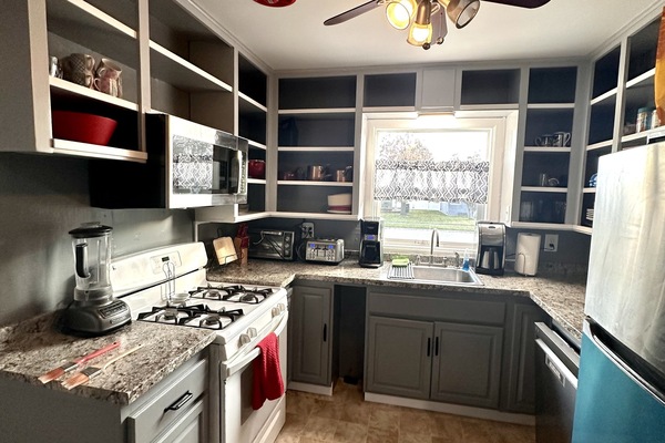 Een magnetron, een oven, een kookplaat, een vaatwasser