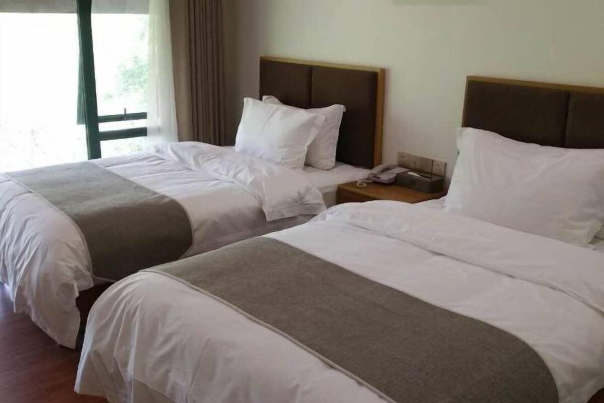 Two beds with headboards, a bedside table with a phone, and a window with curtains.
