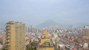 A cityscape with a prominent building and a mountain in the background.