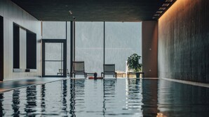 An indoor swimming pool with clear glass walls, two chairs, and a potted plant.