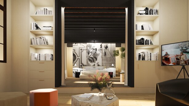 Un salon moderne avec un espace salon central, des étagères de chaque côté et une grande fenêtre donnant sur un paysage urbain.