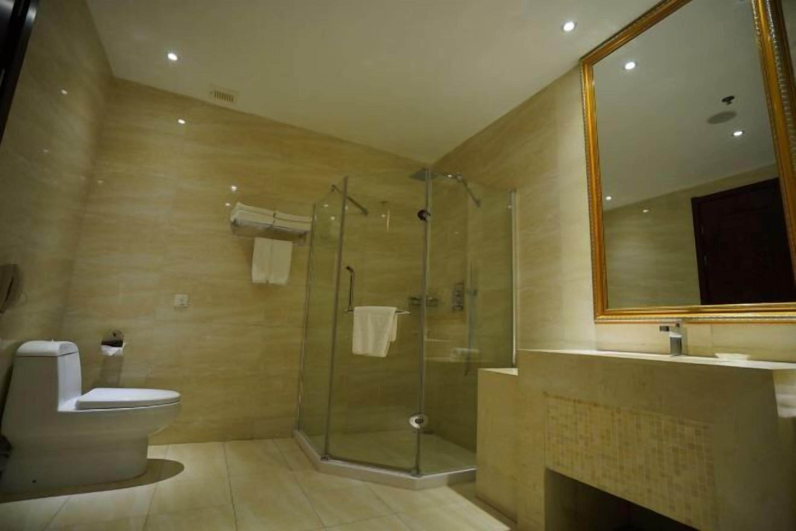 Un bagno con il water, una cabina doccia in vetro e un lavandino con specchio.