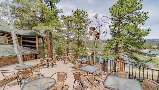 Un espace extérieur aménagé en terrasse, avec des tables et des chaises en osier, entouré d’arbres et offrant une vue sur le paysage.