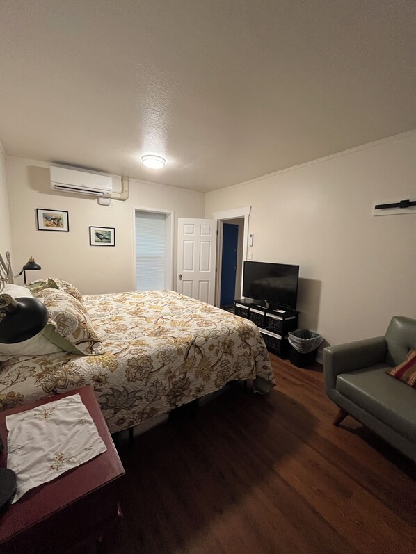 Un dormitorio con cama, televisor, sofá y puerta.