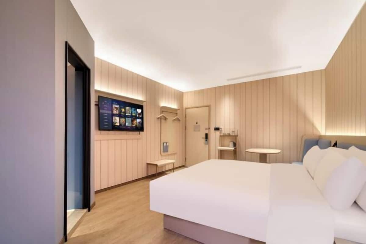 Une chambre d’hôtel moderne avec un grand lit, un téléviseur fixé au mur, une petite table de chevet et une armoire intégrée.