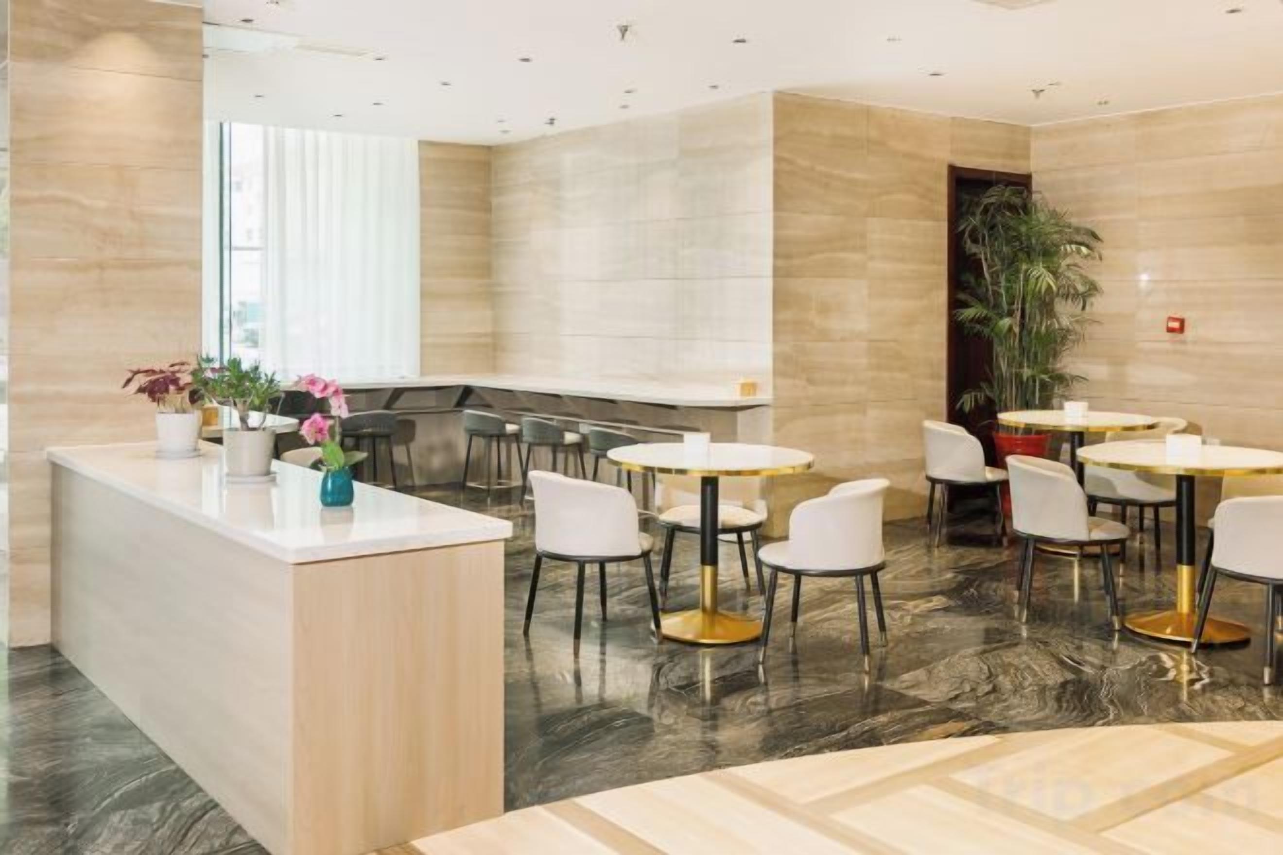 A modern hotel lobby with a reception desk, seating area, and a large plant.