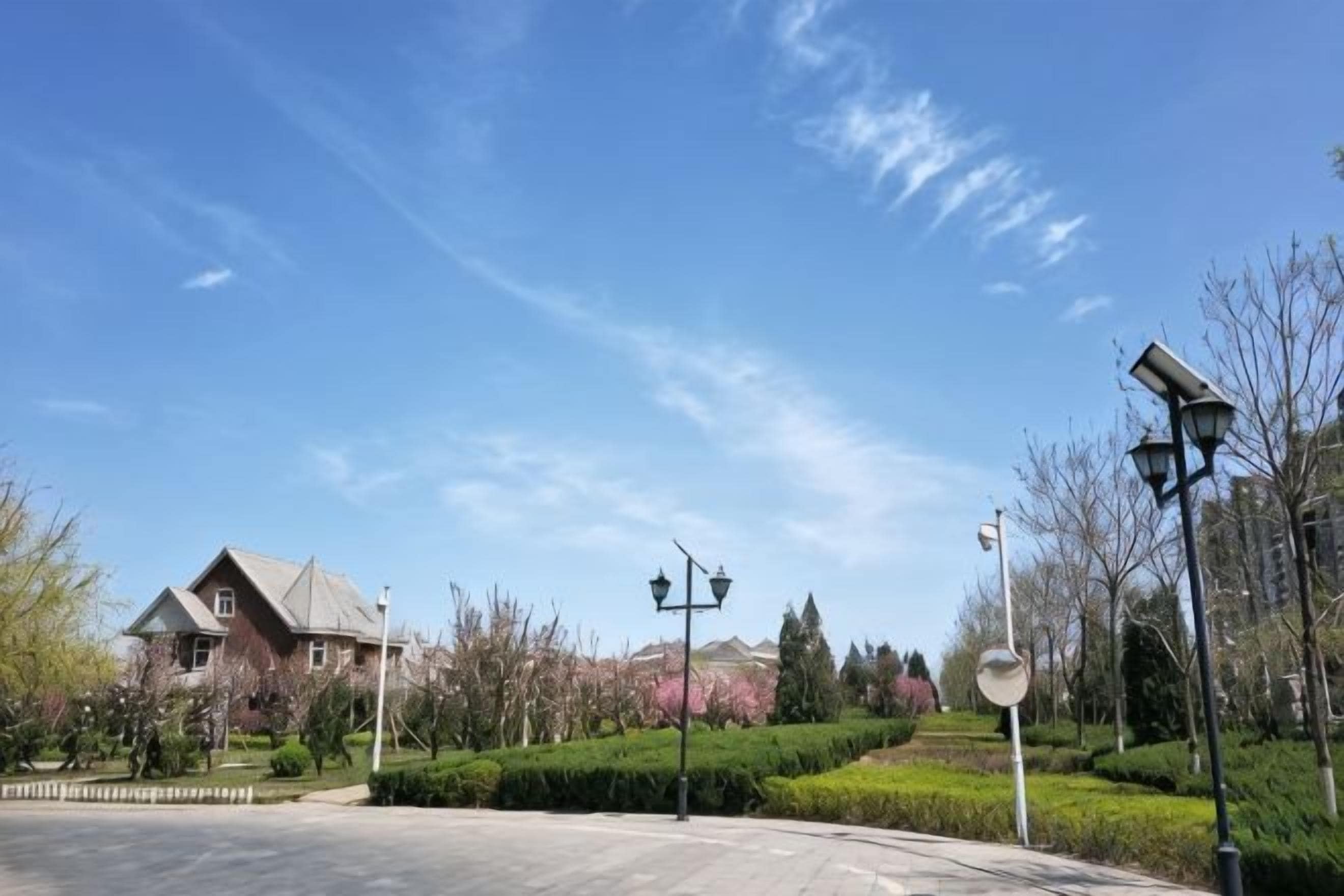 Un barrio residencial con una calle pavimentada, farolas y una casa con techo inclinado.