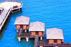 Overwater bungalows with thatched roofs connected by walkways.