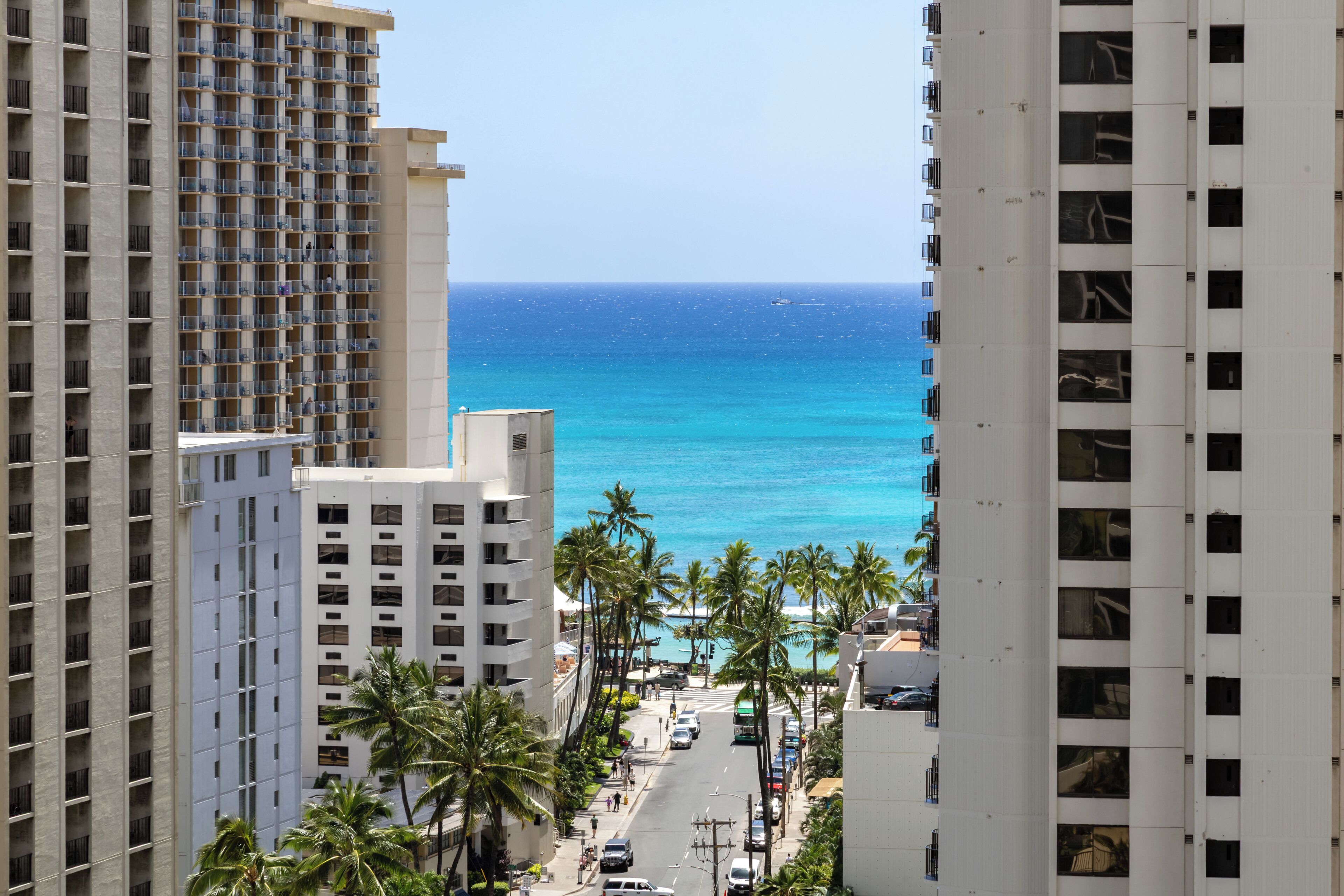 A high-rise hotel with a view of the ocean, palm trees, and a busy street.