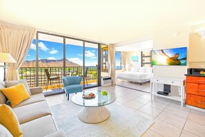 Suite, 1 Bedroom, Balcony, Ocean View (0071) | Living area - Diamond Head and Ocean views with King Bed and Parking (Honolulu)