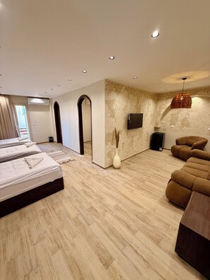 A modern bedroom with a large bed, a sofa, a TV, and a decorative vase. - solima pyramids inn (Giza)
