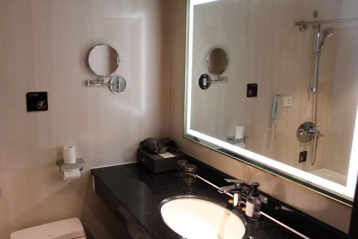 Une salle de bain équipée d’un lavabo, d’un miroir, de toilettes et d’une douche.