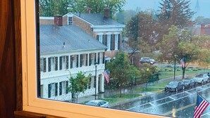 A window view of a residential street with houses, cars, and American flags.