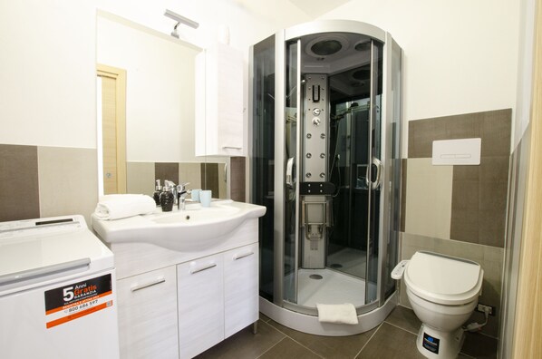 Chuveiro, secador de cabelo, toalhas de banho, sabonete