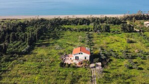 A single-story house with a red roof, surrounded by green vegetation and a beach in the background. - Tenuta Piana 1: Direct Access to the sea (Caronia)